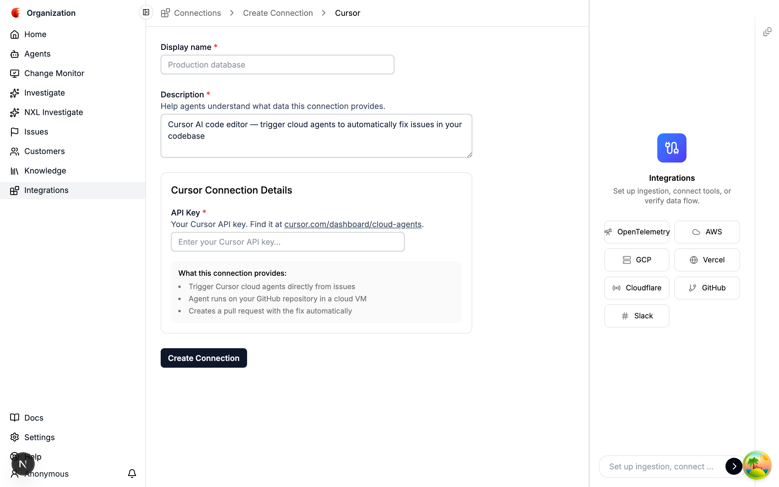 Cursor connection form with API key field