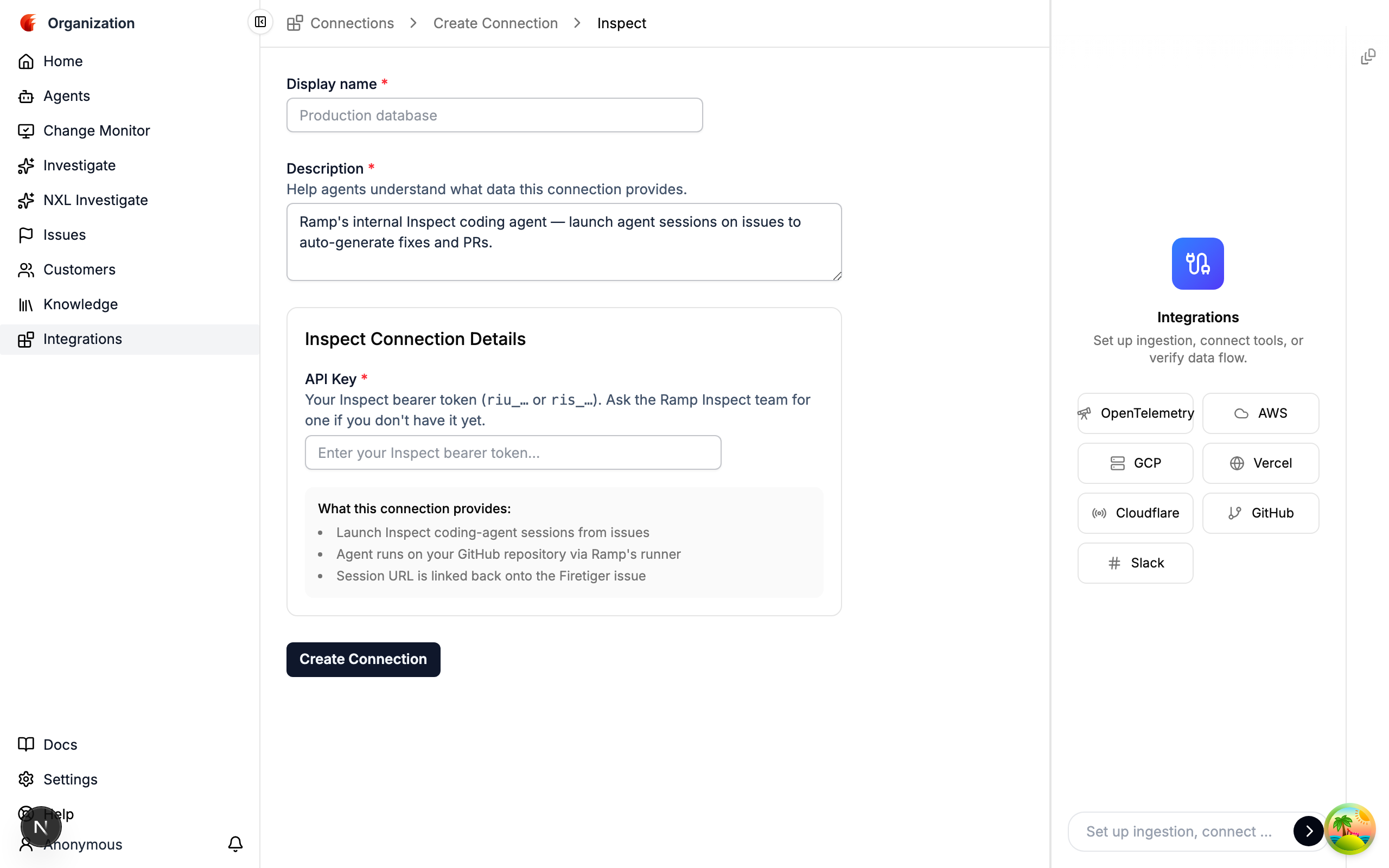 Inspect connection form with bearer-token field